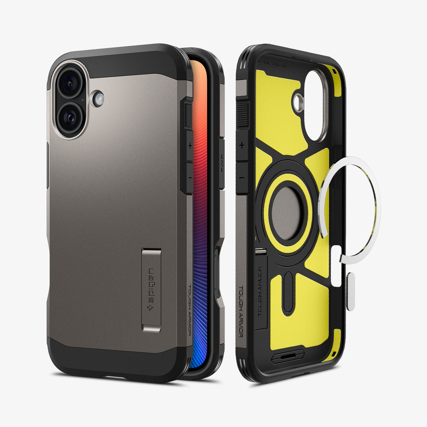 ACS08215 - iPhone 16 Case Tough Armor AI (MagFit) in Gunmetal showing the back, partial sides and front, metal ring plate detached from the inner case