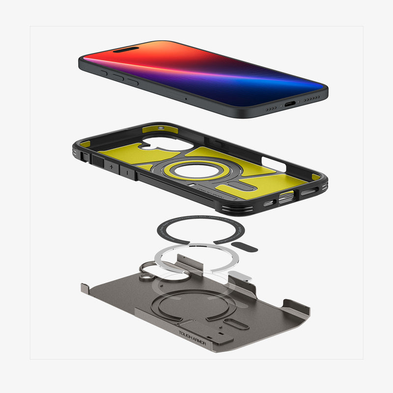 ACS08215 - iPhone 16 Case Tough Armor AI (MagFit) in Gunmetal showing the front of the device hovering above the back case, detached from magnet ring plate and the back layer of the case