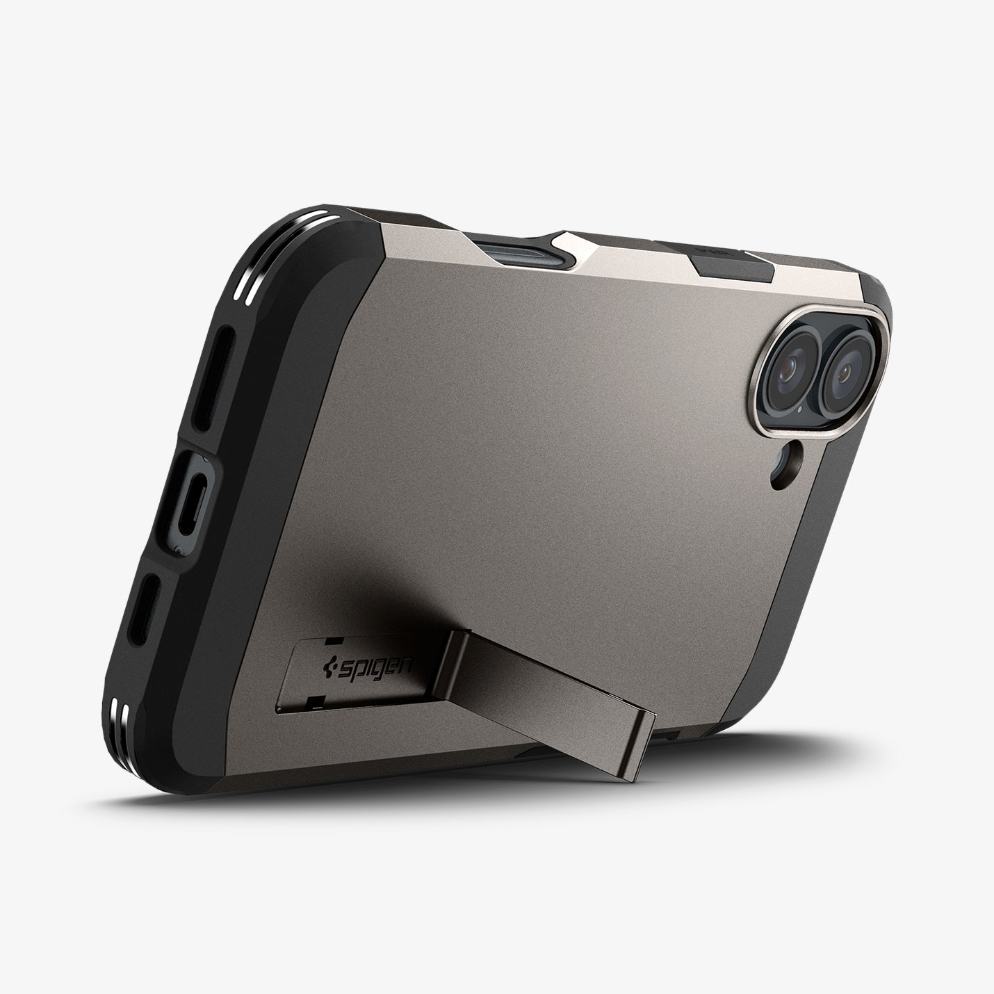 ACS08084 - iPhone 16 Plus Case Tough Armor AI (MagFit) in Gunmetal showing the back, partial side and bottom with built-in kickstand propped up