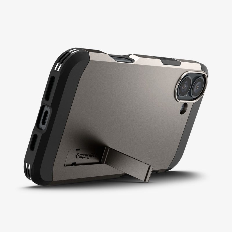 ACS08215 - iPhone 16 Case Tough Armor AI (MagFit) in Gunmetal showing the back, partial side and bottom with built-in kickstand propped up