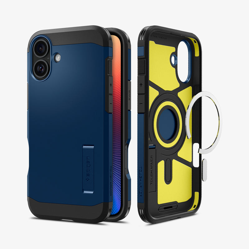 ACS08086 - iPhone 16 Plus Case Tough Armor AI (MagFit) in Navy Blue showing the back, partial sides and front, metal ring plate detached from the inner case