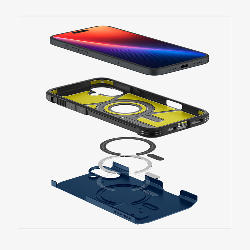 ACS08086 - iPhone 16 Plus Case Tough Armor AI (MagFit) in Navy Blue showing the front of the device hovering above the back case, detached from magnet ring plate and the back layer of the case