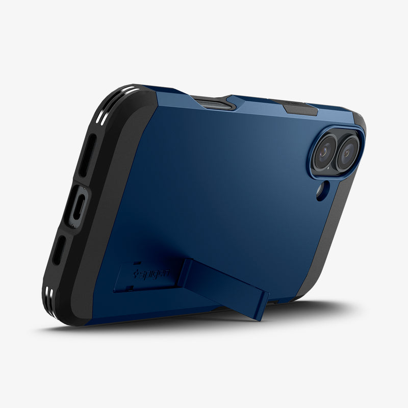 ACS08086 - iPhone 16 Plus Case Tough Armor AI (MagFit) in Navy Blue showing the back, partial side and bottom with built-in kickstand propped up