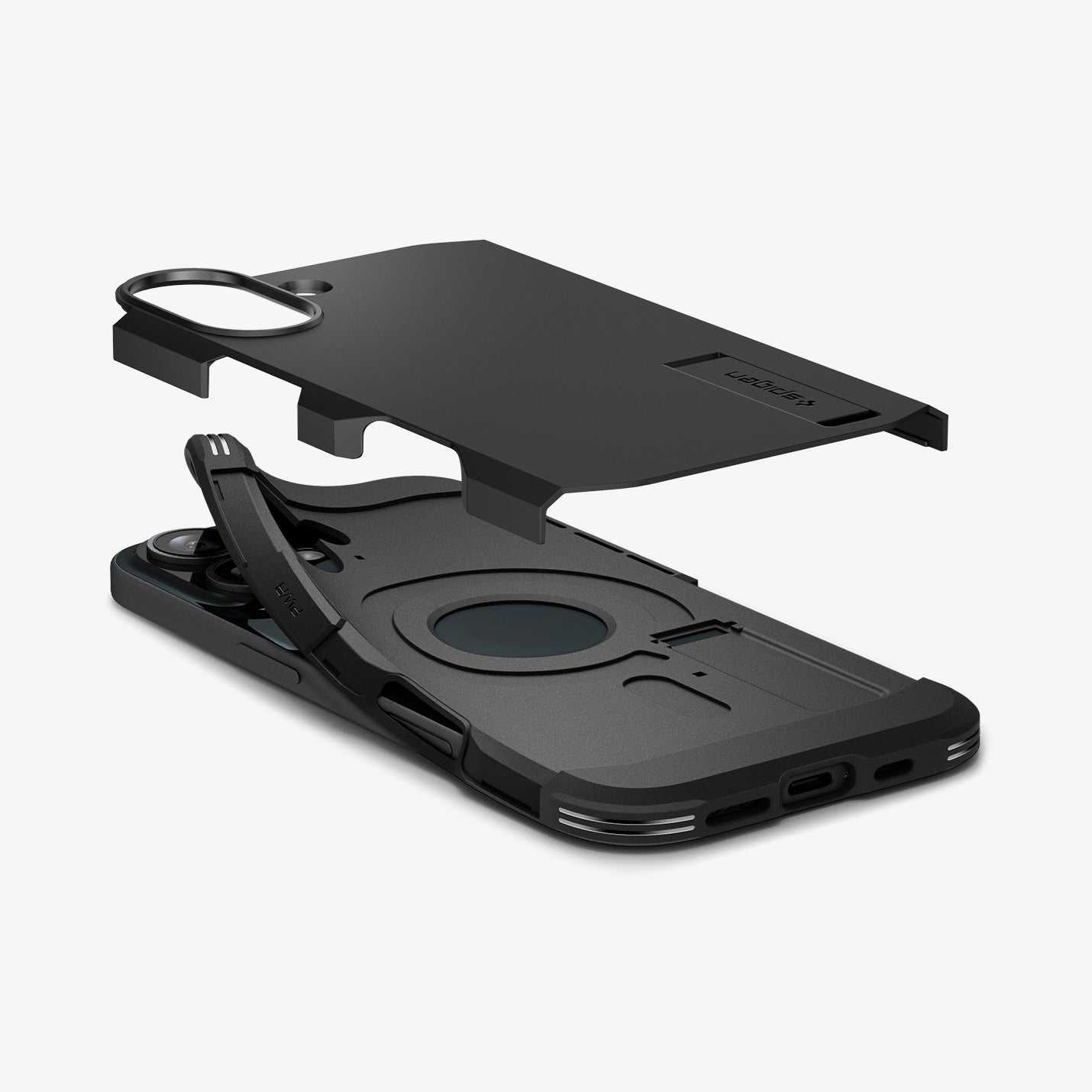 ACS08386 - iPhone 16 Case Tough Armor AI in Black showing the back hard cover hovering above the soft layer of the case and the device