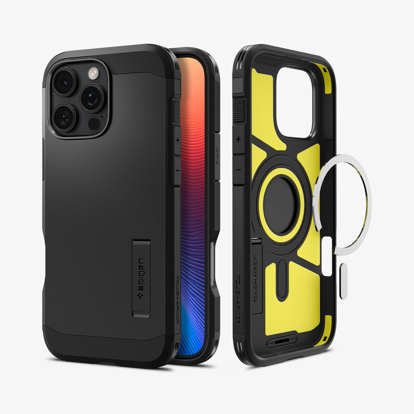 ACS08013 - iPhone 16 Pro Max Case Tough Armor AI (MagFit) in Black showing the back, partial sides and front, metal ring plate detached from the inner case