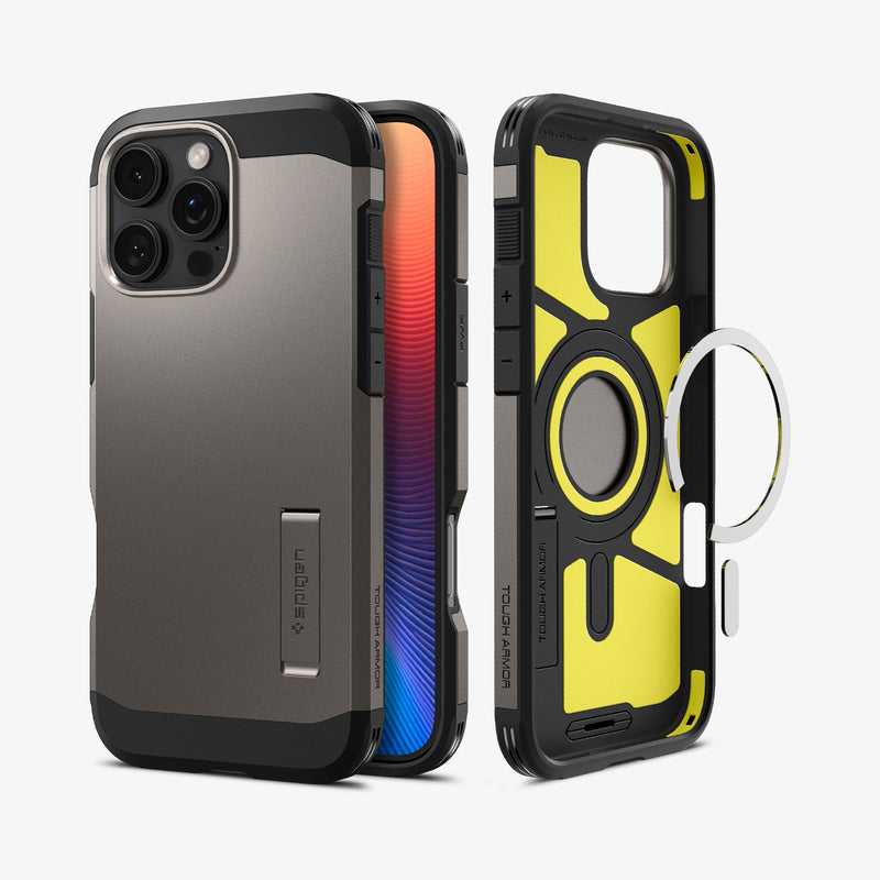 ACS08145 - iPhone 16 Pro Case Tough Armor AI (MagFit) in Gunmetal showing the back, partial sides and front, metal ring plate detached from the inner case