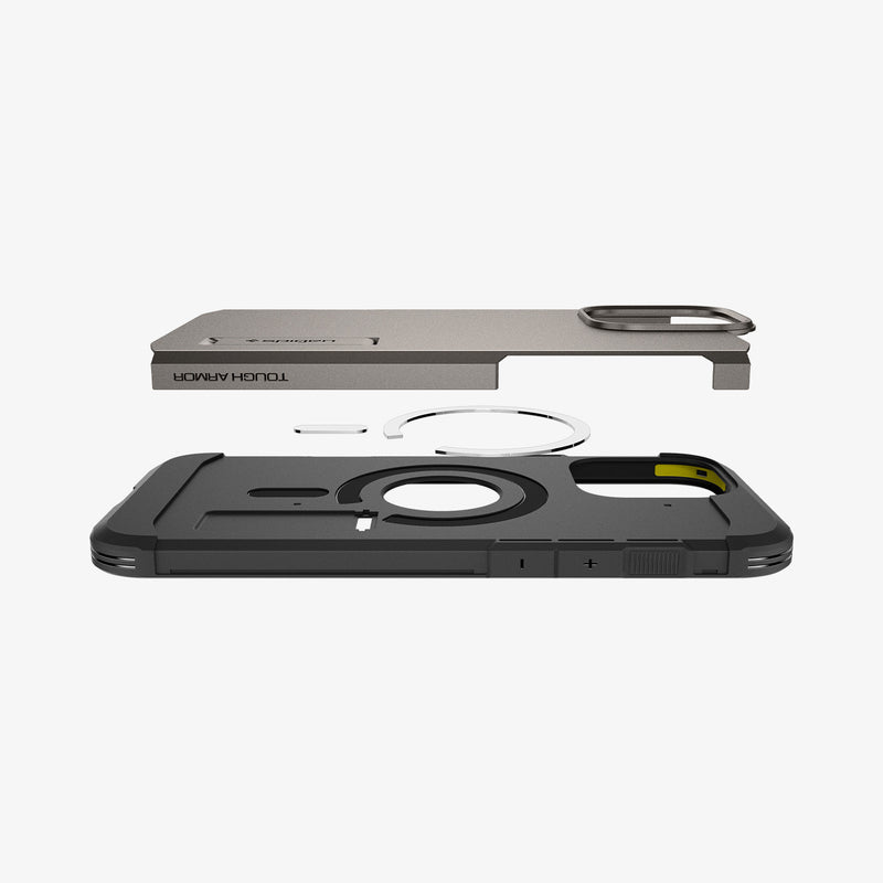 ACS08145 - iPhone 16 Pro Case Tough Armor AI (MagFit) in Gunmetal showing the partial back layer detached hovering above the metal ring plate and back of the case