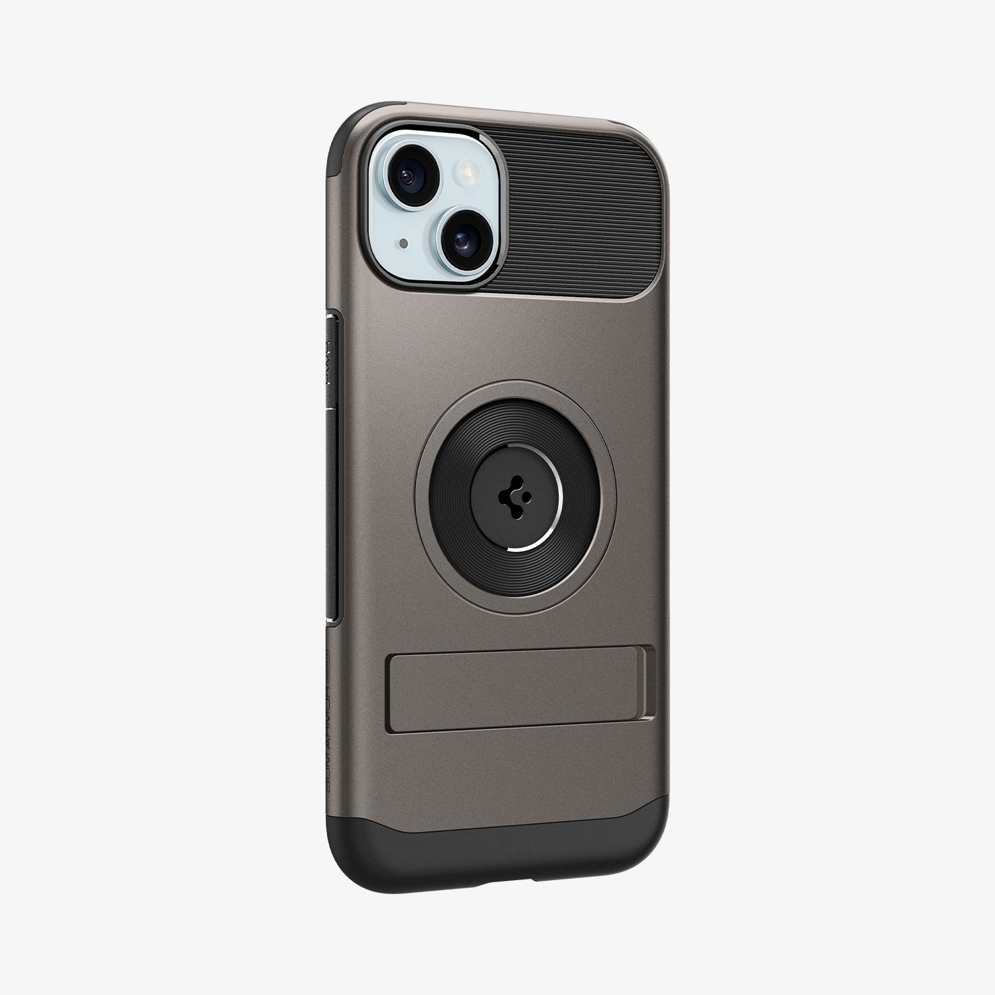 ACS06464 - iPhone 15 Plus Case Slim Armor (MagFit) in gunmetal showing the back and partial side