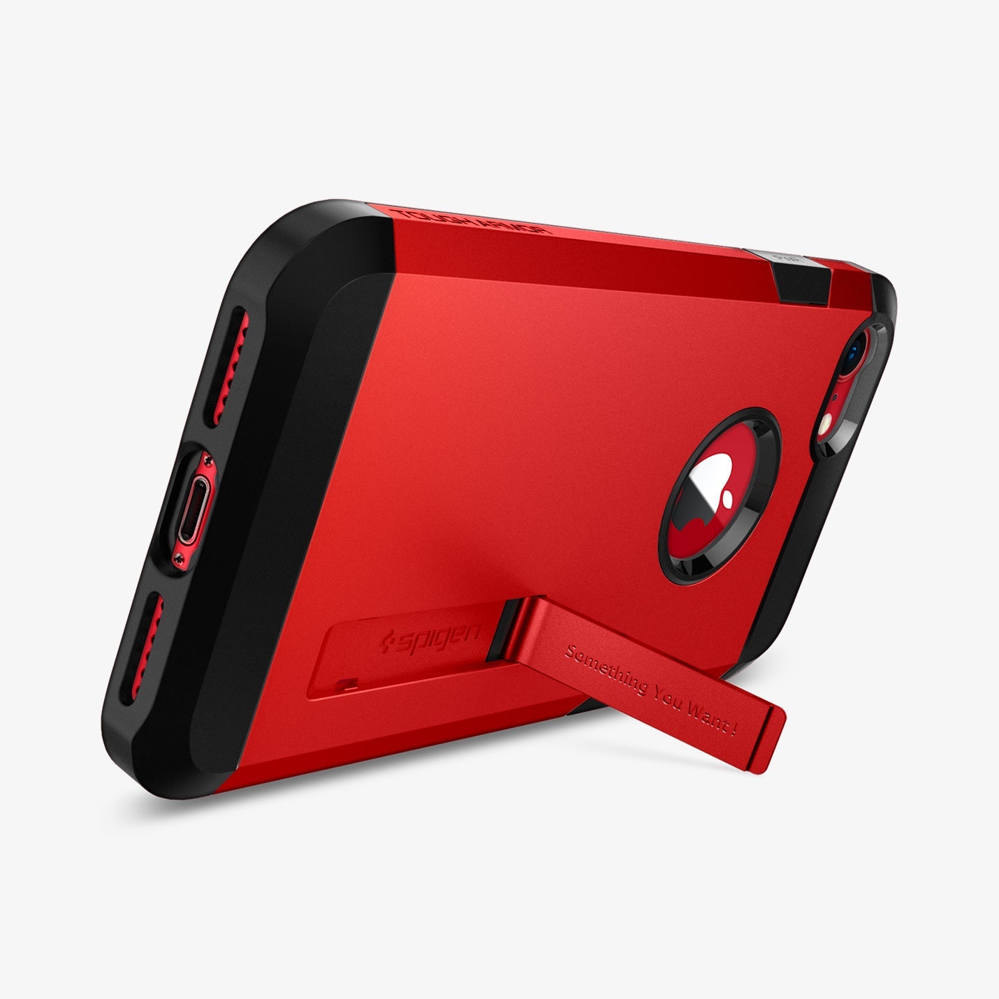 054CS24041 - iPhone 7 Case Tough Armor 2 in Red showing the back and bottom with a built-in kickstand propped up