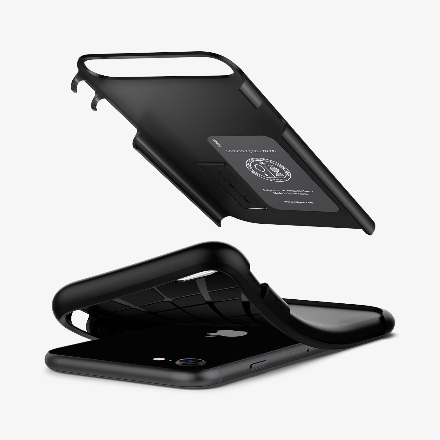 ACS00886 - iPhone 8 Series Slim Armor Case in Black showing the hard layer of case hovering above the soft layer and device