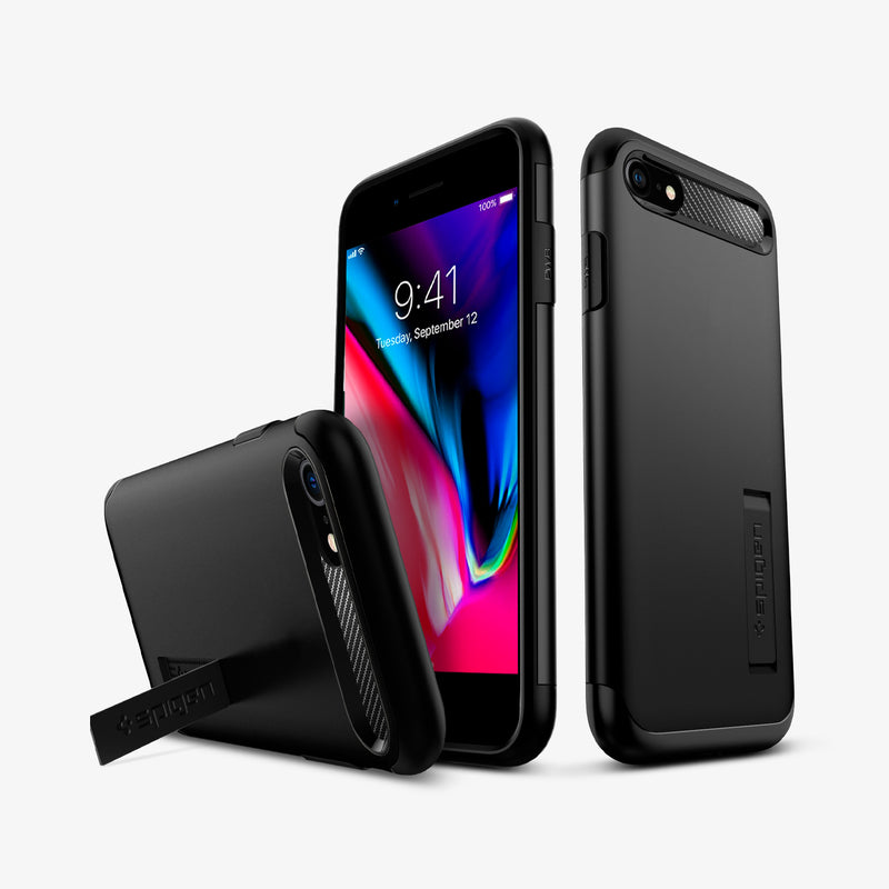 ACS00886 - iPhone 8 Series Slim Armor Case in Black showing the back, front, sides and device propped up by built in kickstand