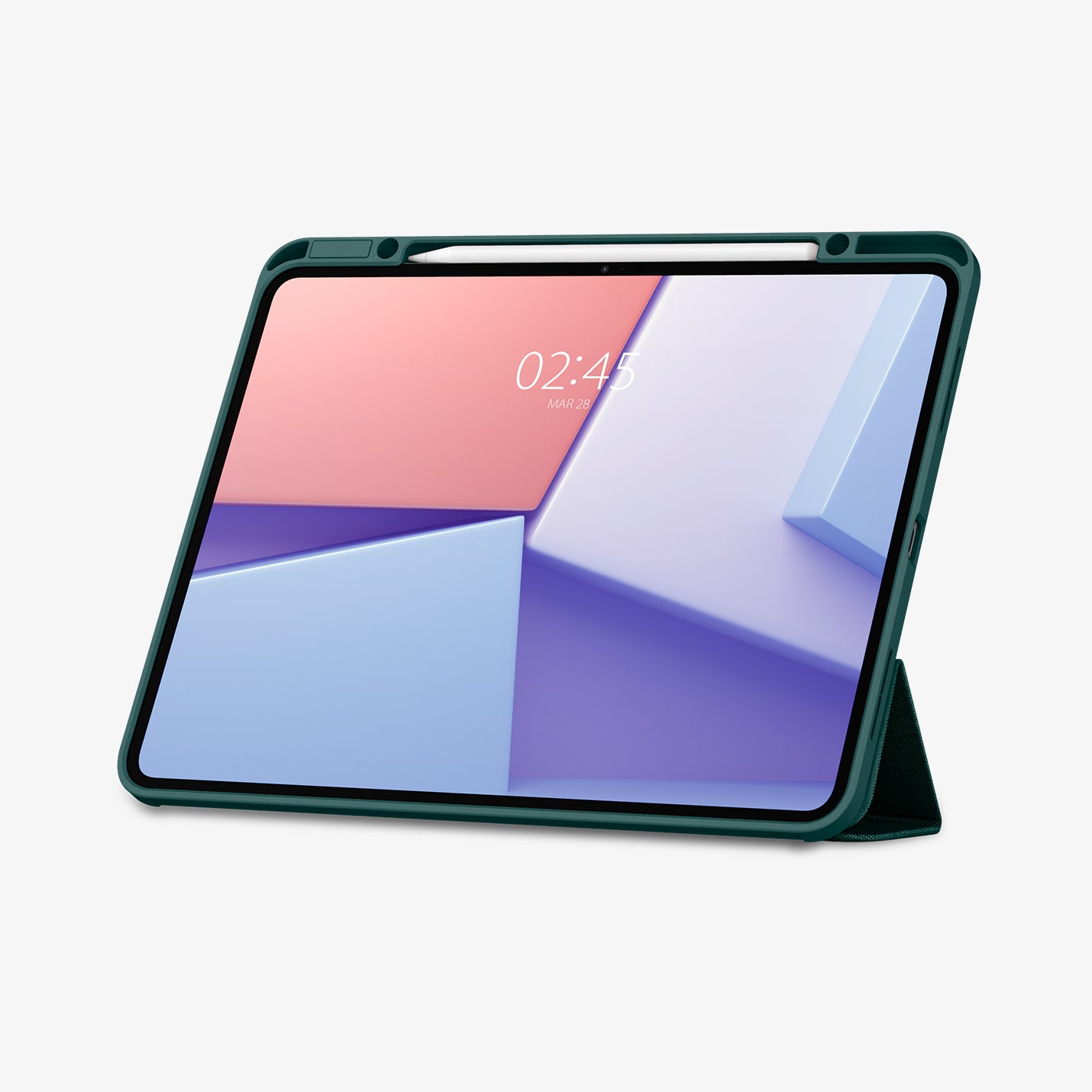 ACS07763 - iPad Pro 13-inch (2024) Case Urban Fit in Midnight Green showing the front with stylus pen attached, and partial folded front cover propped up as a stand