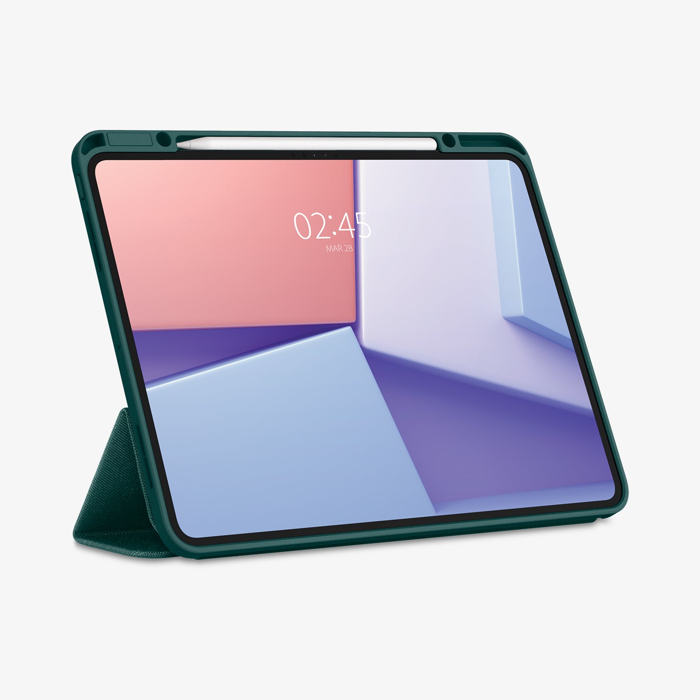 ACS07763 - iPad Pro 13-inch (2024) Case Urban Fit in Midnight Green showing the front with stylus and front cover folded, propped up behind to serve as a stand