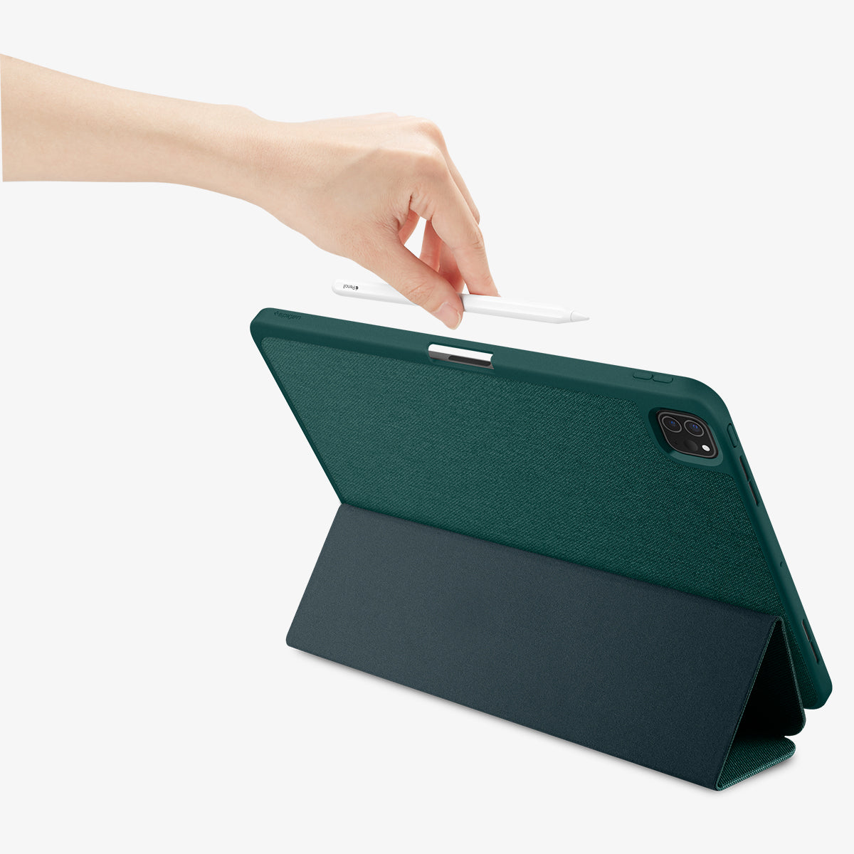 ACS07763 - iPad Pro 13-inch (2024) Case Urban Fit in Midnight Green showing the back, with a folded front cover propped up as a stand while a hand holding a stylus pen