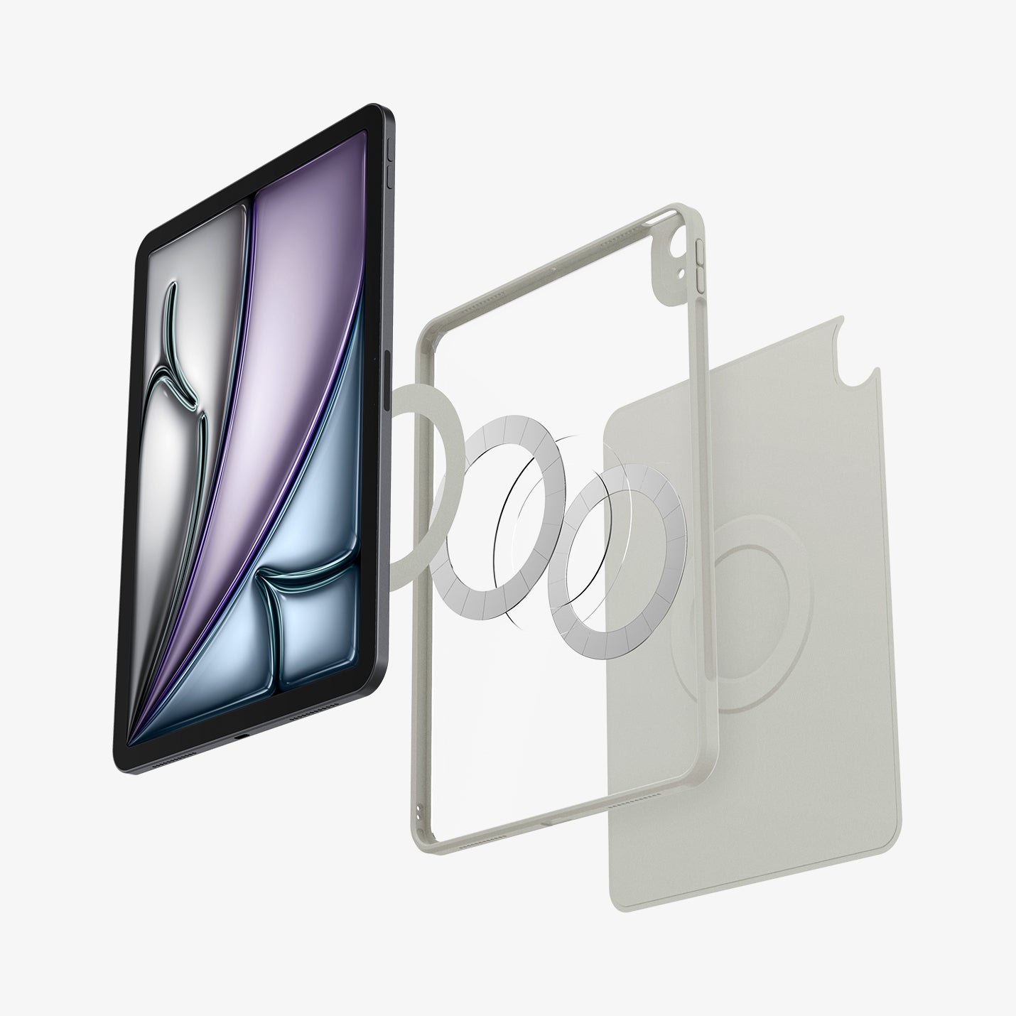 ACS08491 - iPad Air 13-inch (2024) Case Air Skin Pro OneTap in Gray showing the front of the device hovering in front of the detached magnet ring, tpu frame and back cover