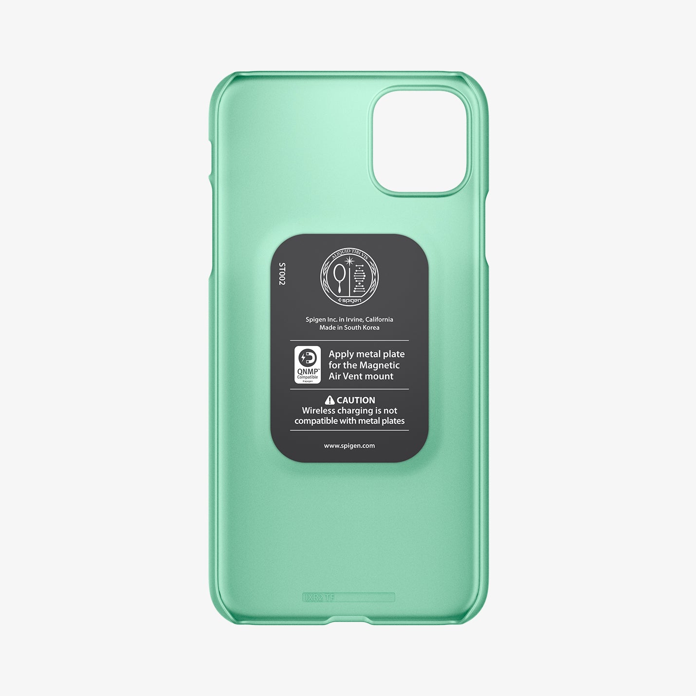 ACS00470 - iPhone 11 Series Case Thin Fit in Green showing the inner case with spigen sticker