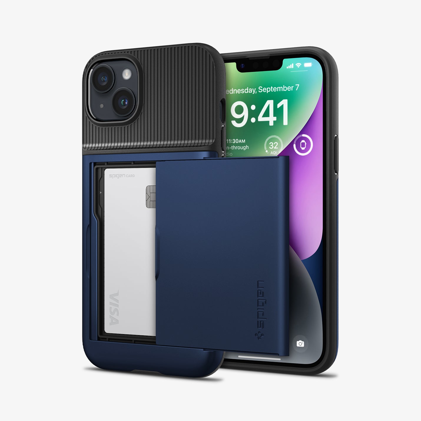 ACS05060 - iPhone 14 Case Slim Armor CS in navy blue showing the back and front with card in slot