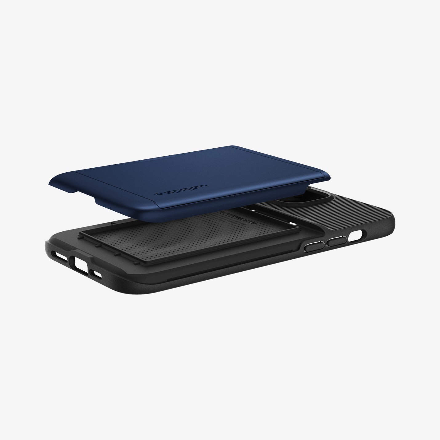 ACS05060 - iPhone 14 Case Slim Armor CS in navy blue showing the back and side with card slot slightly hovering above back of case