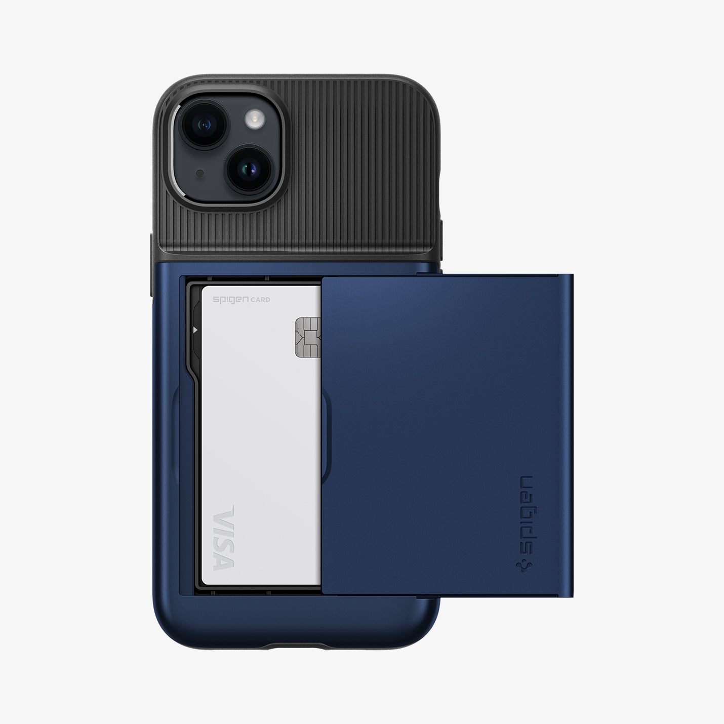 ACS05060 - iPhone 14 Case Slim Armor CS in navy blue showing the back with card slot open and card in slot