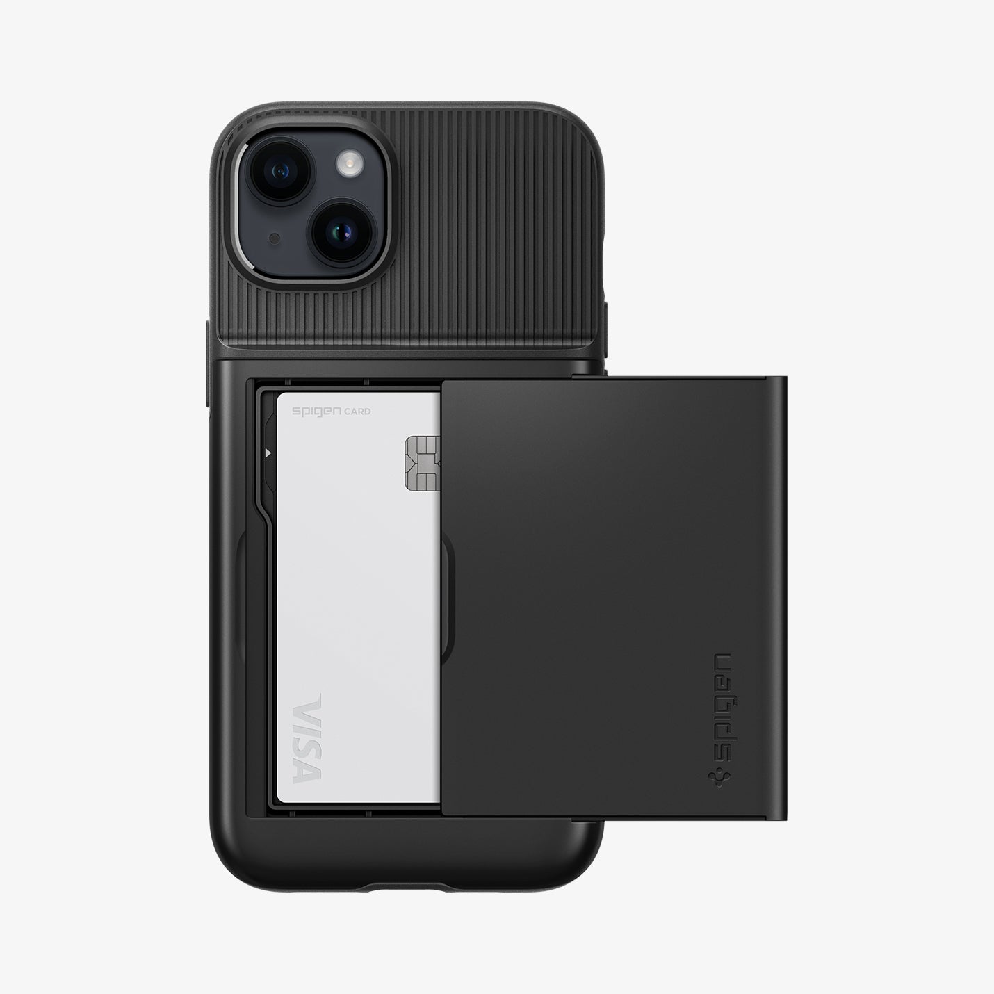 ACS04911 - iPhone 14 Plus Case Slim Armor CS in black showing the back with card slot open and card in slot