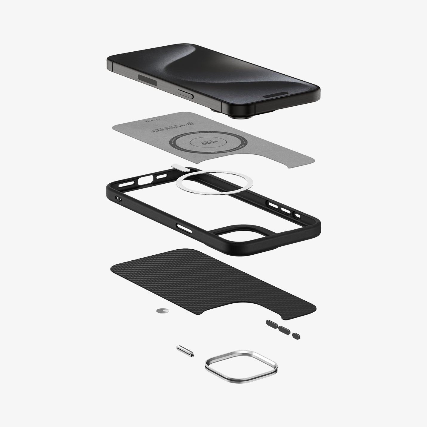 ACS07045 - iPhone 15 Pro Case Enzo Aramid (MagFit) in matte black showing the multiple layers of case hovering below the device