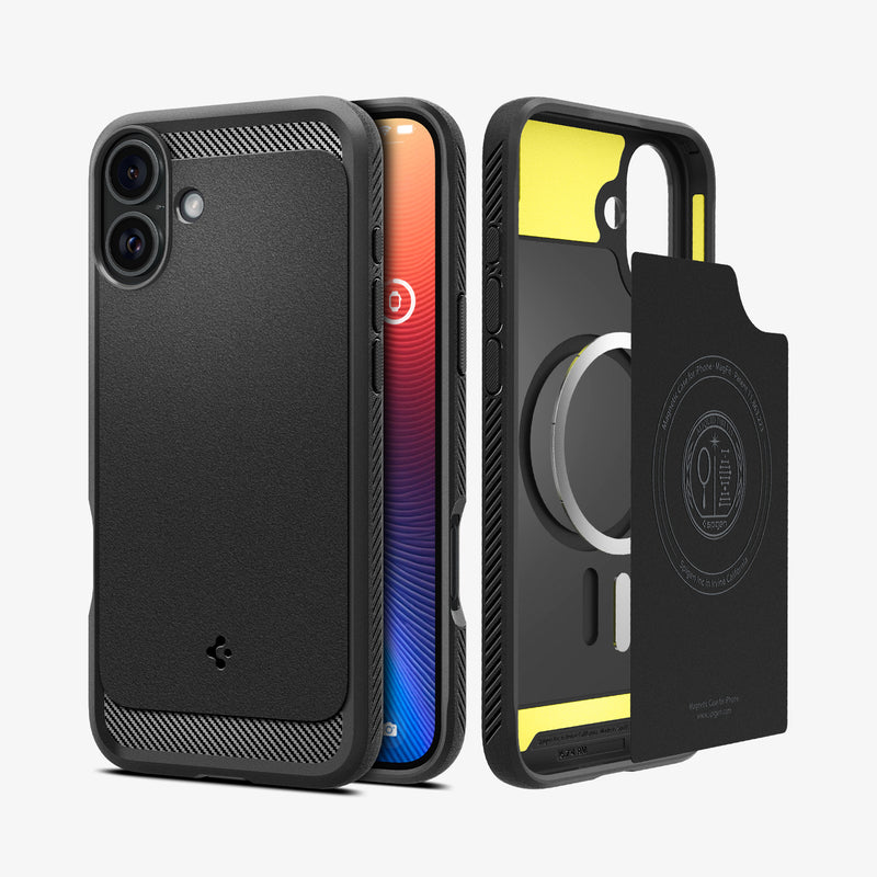 ACS08214 - iPhone 16 Case Rugged Armor (MagFit) in Matte Black showing the back, partial sides, front, inner of the case, inner soft layer and metal ring plate hovering in front