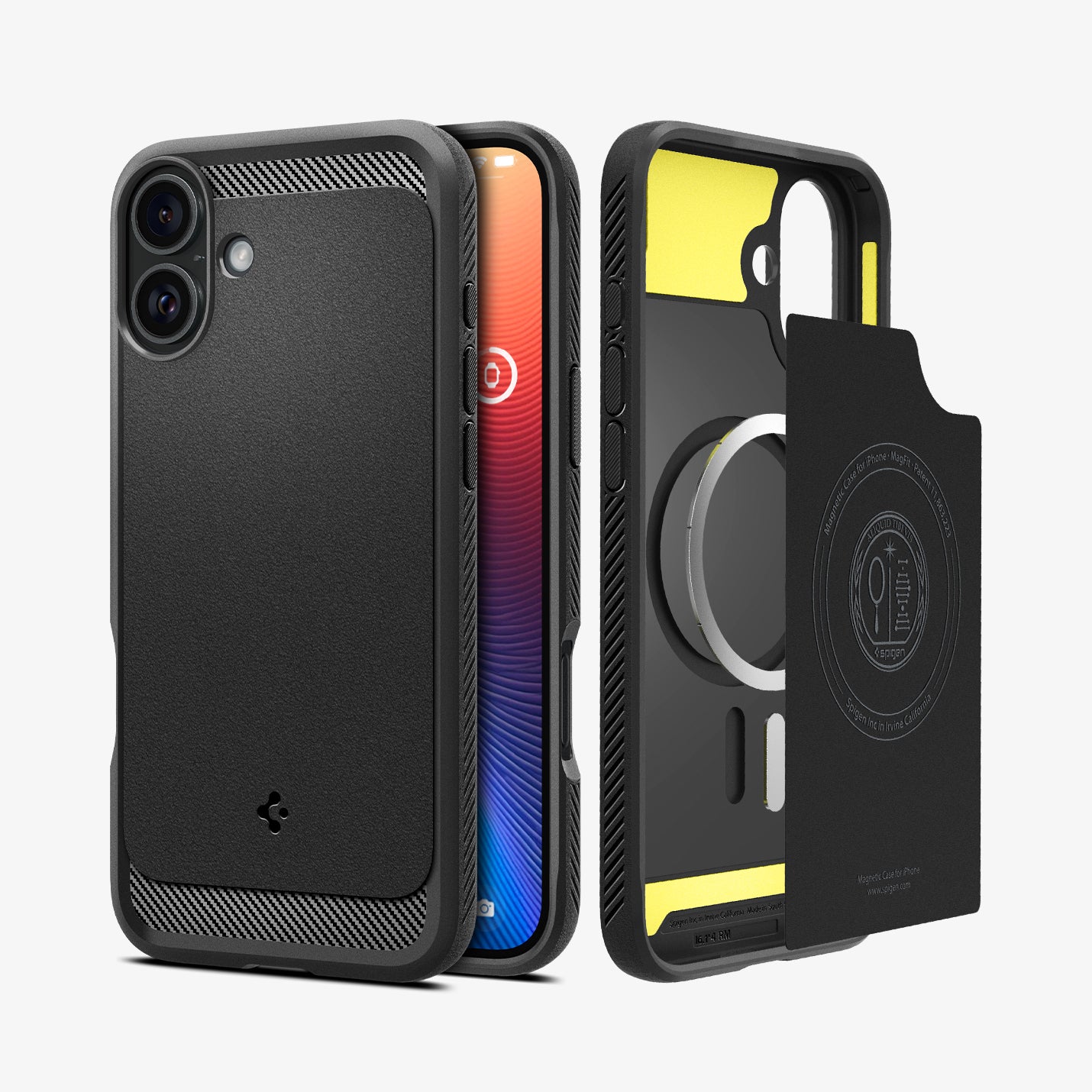 ACS08087 - iPhone 16 Plus Case Rugged Armor (MagFit) in Matte Black showing the back, partial sides, front, inner of the case, inner soft layer and metal ring plate hovering in front