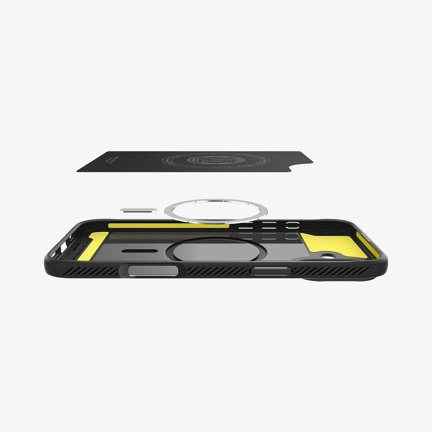 ACS08087 - iPhone 16 Plus Case Rugged Armor (MagFit) in Matte Black showing the detached inner soft layer cover hovering above the detached metal ring plate and the inner of the case