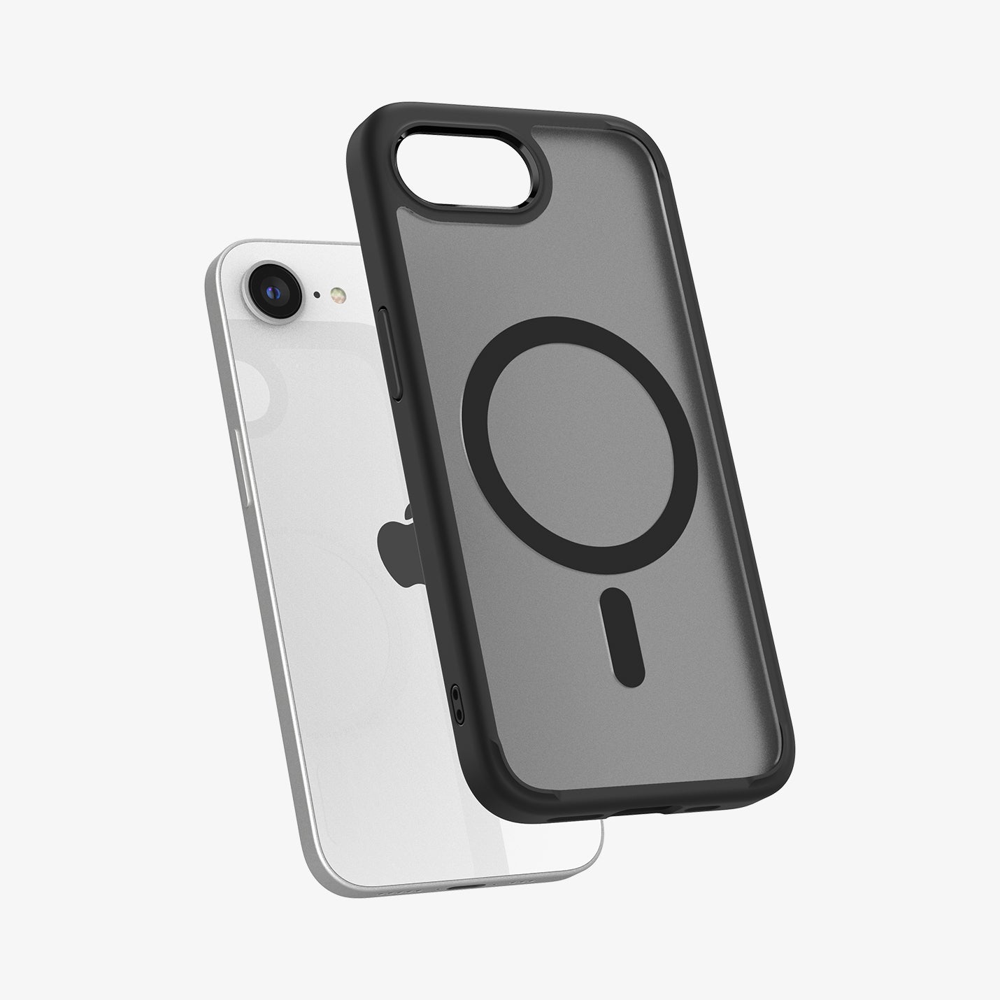 ACS09144 - iPhone 16e Case Ultra Hybrid (MagFit) in Frost Black showing the back, partial side and bottom hovering in front of the device