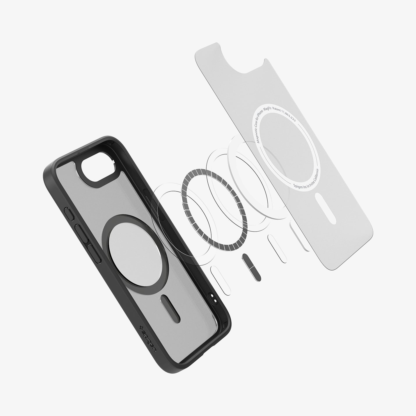 ACS09144 - iPhone 16e Case Ultra Hybrid (MagFit) in Frost Black showing the inner layer hovering above the detached metal ring parts and the case