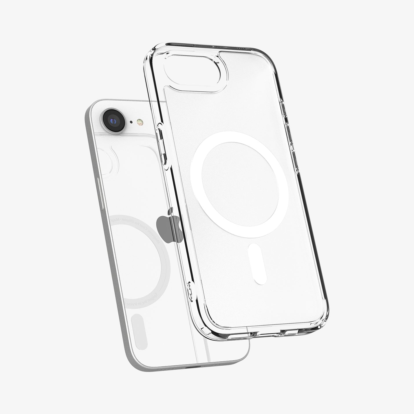 ACS09145 - iPhone 16e Case Ultra Hybrid (MagFit) in Frost White showing the back, partial side and bottom hovering in front of the device