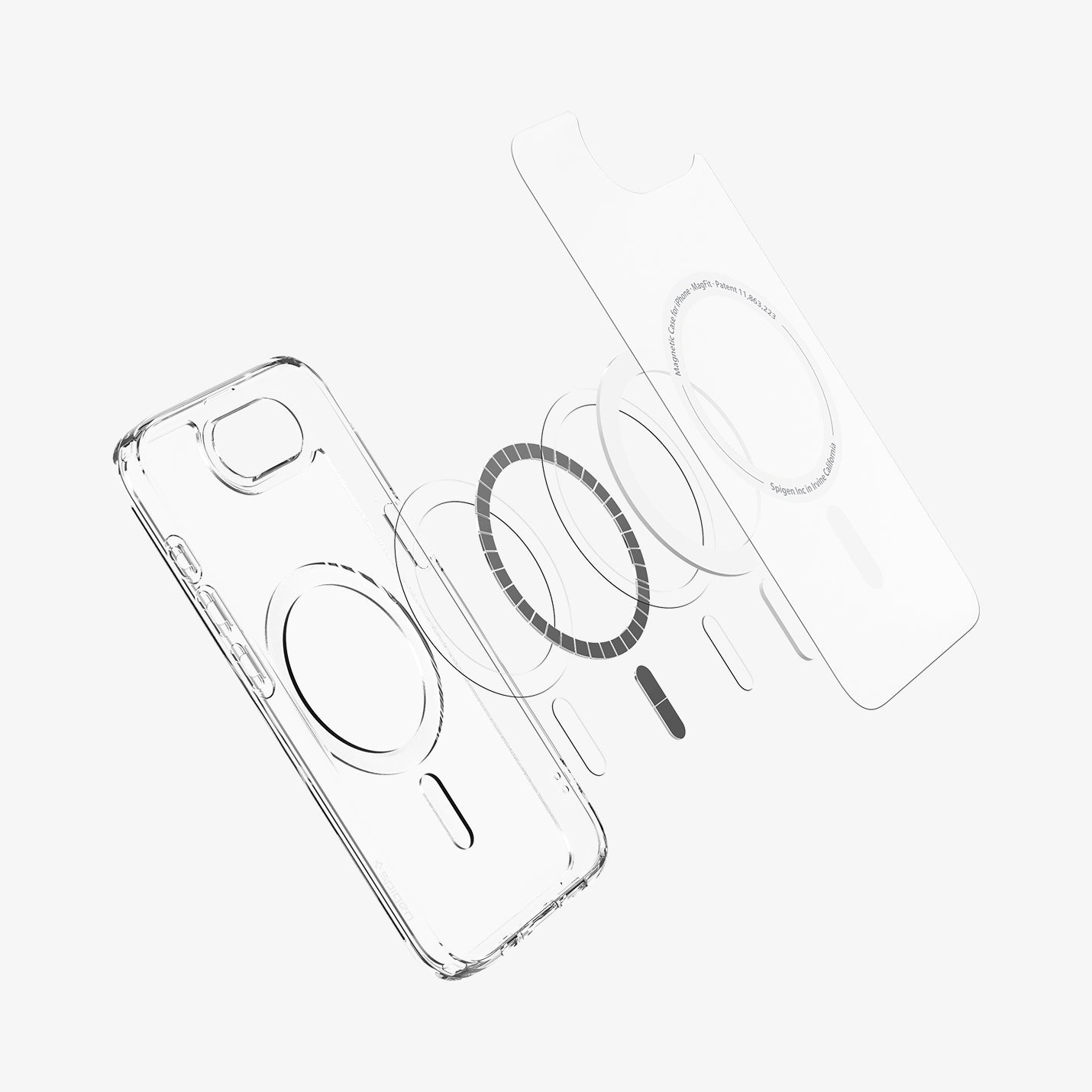 ACS09145 - iPhone 16e Case Ultra Hybrid (MagFit) in Frost White showing the inner layer hovering above the detached metal ring parts and the case