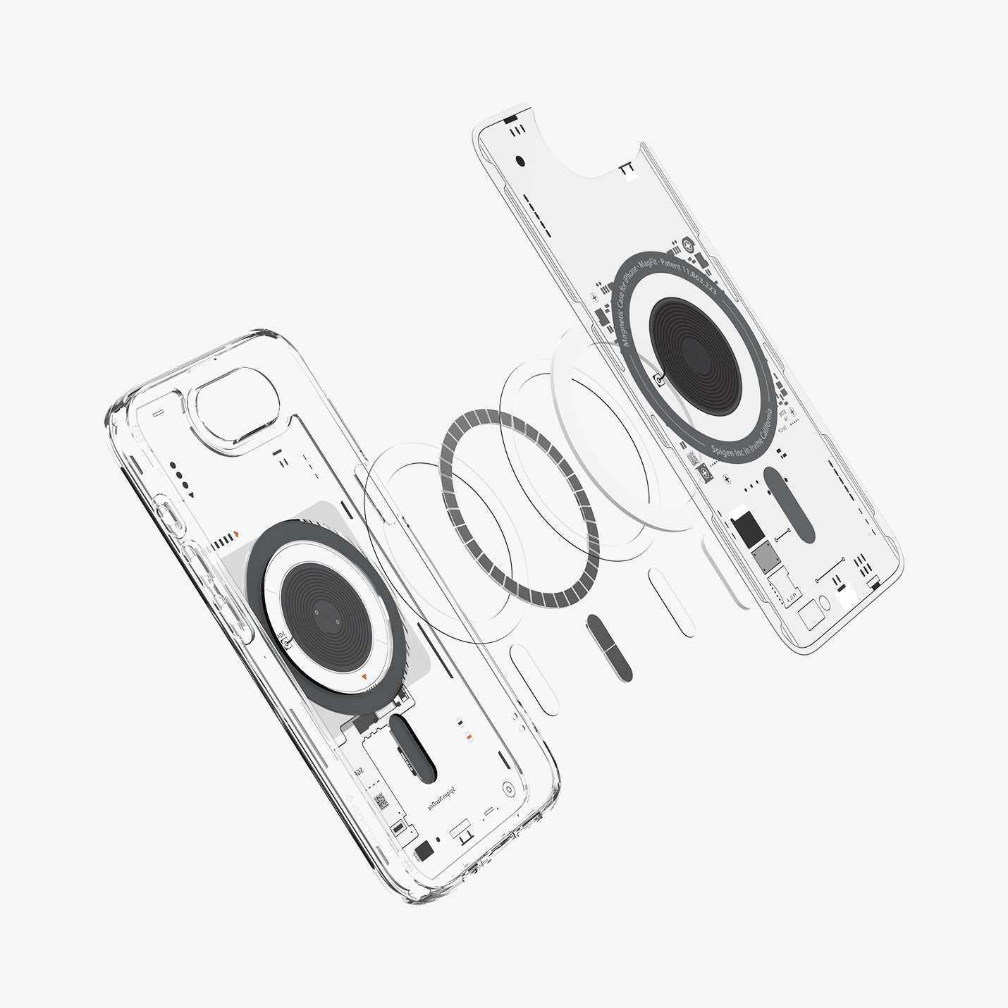 ACS09143 - iPhone 16e Case Ultra Hybrid Neo One (MagFit) in Neo One showing the inner layer hovering above the metal ring parts and the case