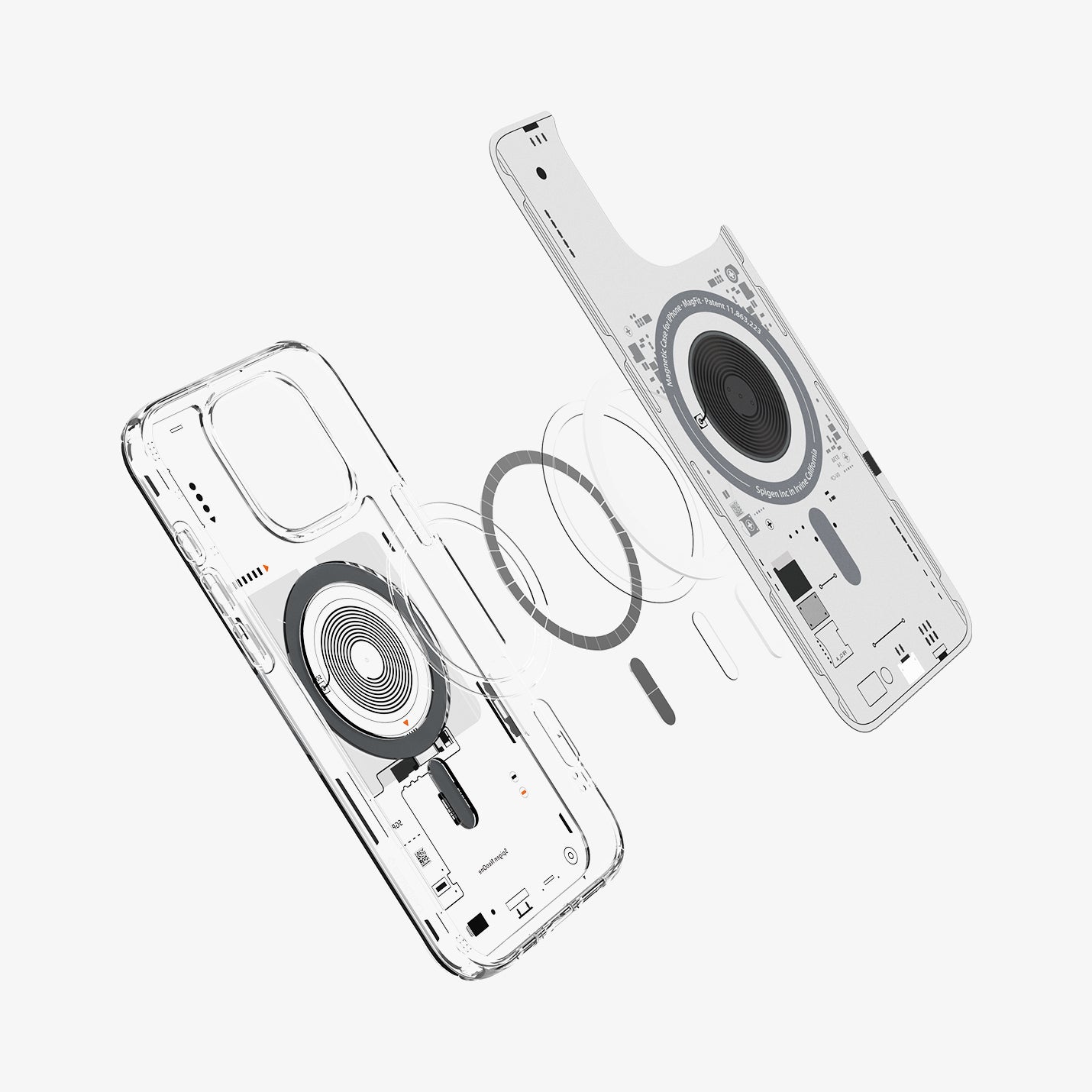 ACS08792 - iPhone 16 Pro Case Ultra Hybrid Neo One (MagFit) showing the front of the detached inner layer hovering in front of the detached metal ring plate and the case