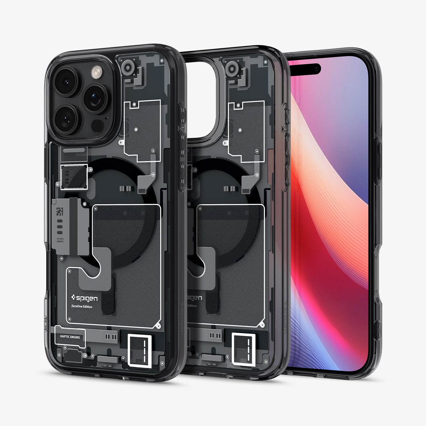 ACS08135 - iPhone 16 Pro Case Ultra Hybrid Zero One (MagFit) in Zero One showing the back, partial inner, partial front and sides of 3 cases aligned with each other