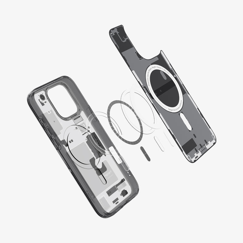 ACS08135 - iPhone 16 Pro Case Ultra Hybrid Zero One (MagFit) in Zero One showing the inner soft layer hovering above the metal ring plate detached from the back 