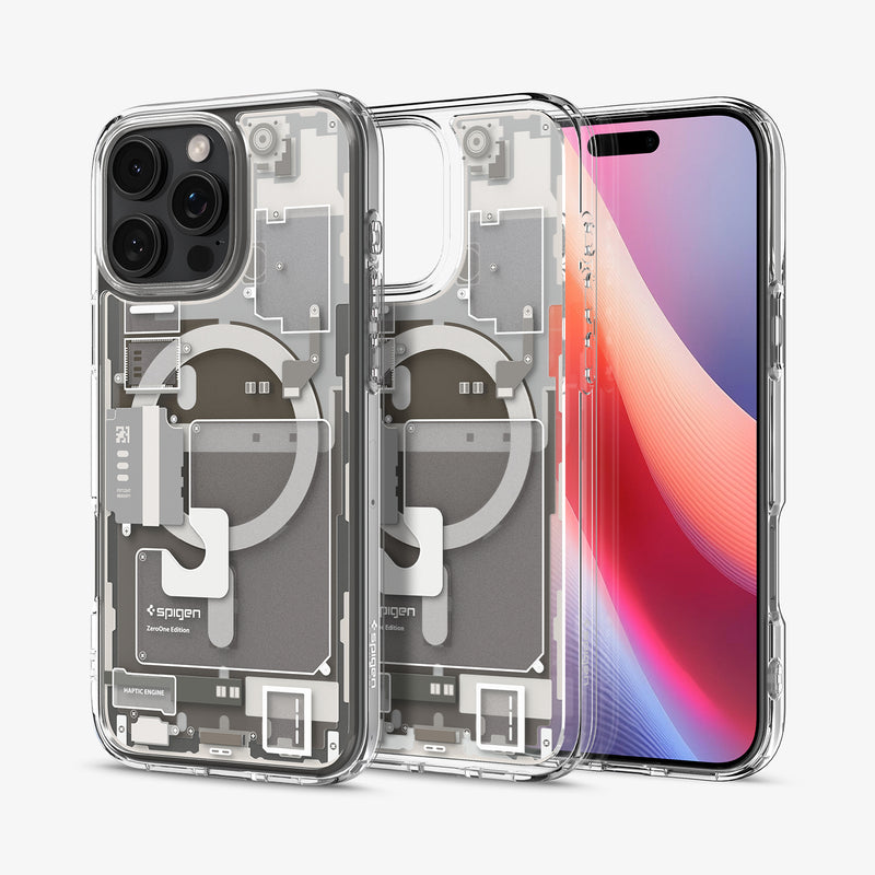 ACS08137 - iPhone 16 Pro Case Ultra Hybrid Zero One (MagFit) in Zero One Natural Titanium showing the back, partial inner, partial front and sides of 3 cases aligned with each other