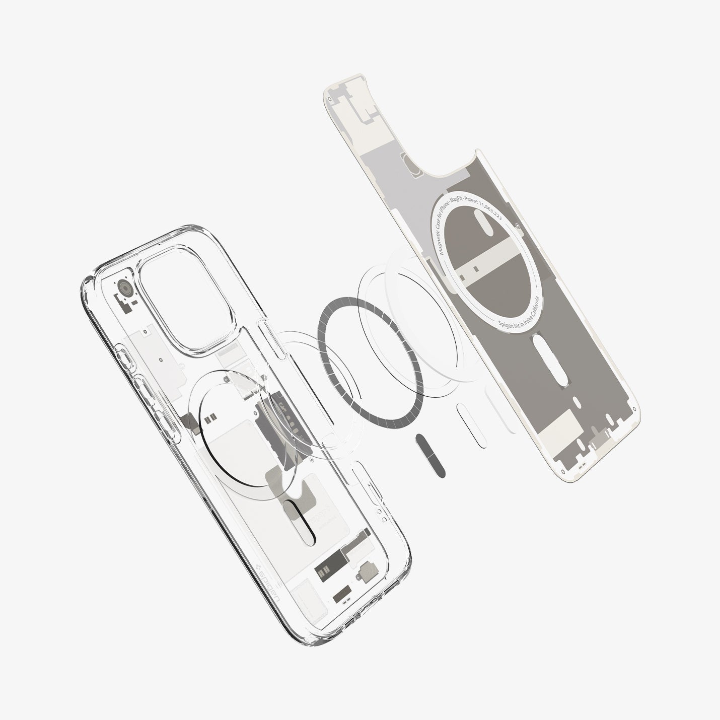 ACS08137 - iPhone 16 Pro Case Ultra Hybrid Zero One (MagFit) in Zero One Natural Titanium showing the inner soft layer hovering above the metal ring plate detached from the back 