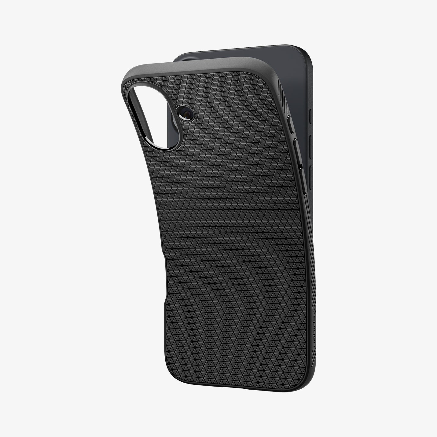 ACS08066 - iPhone 16 Plus Case Liquid Air in Matte Black showing the back, partially peeled off from the device