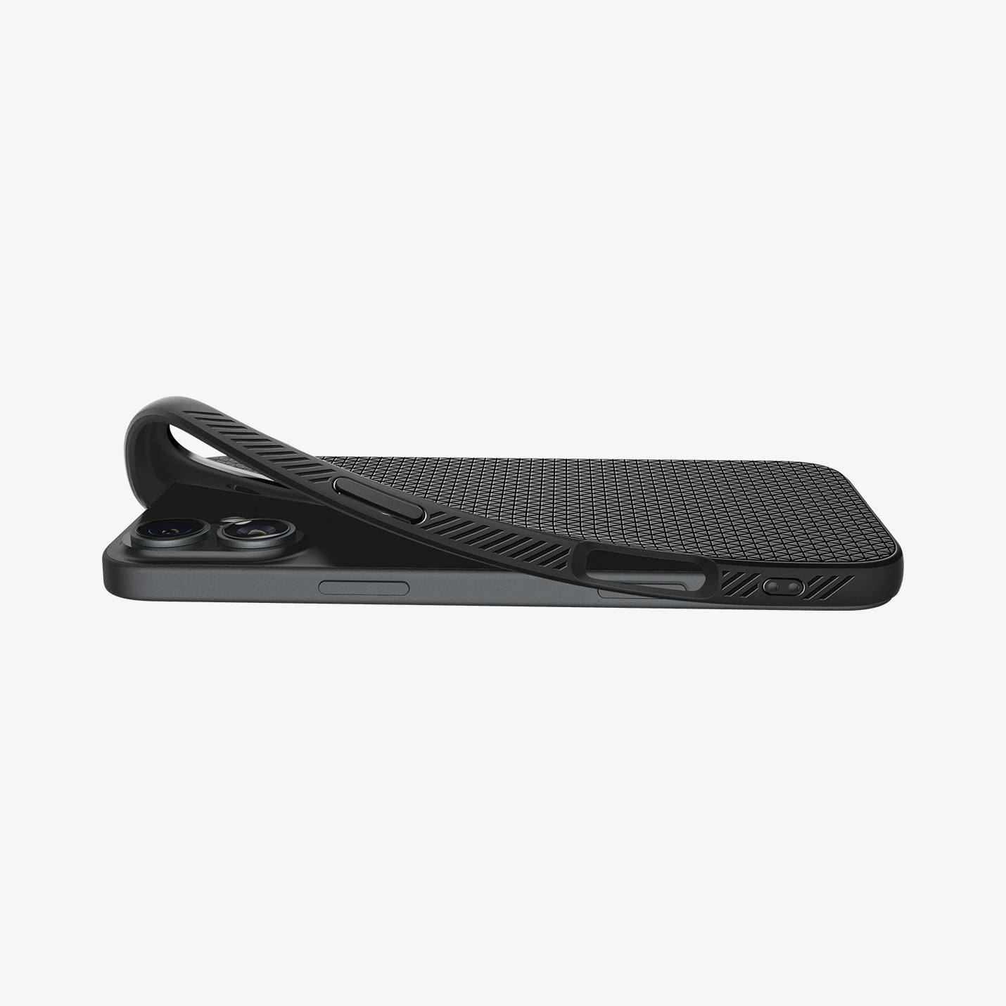 ACS08066 - iPhone 16 Plus Case Liquid Air in Matte Black showing the back, partially peeled off from the device on a flat