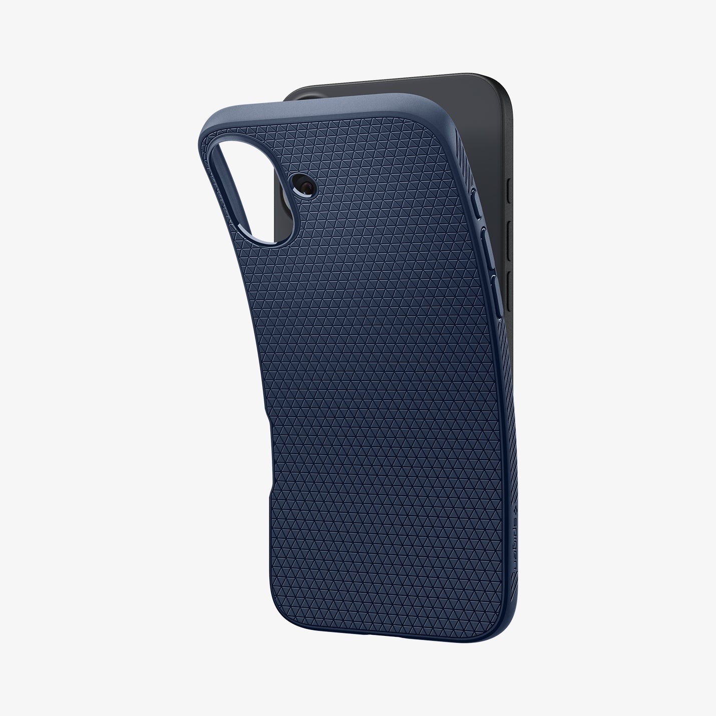 ACS08067 - iPhone 16 Plus Case Liquid Air in Navy Blue showing the back, partially peeled off from the device