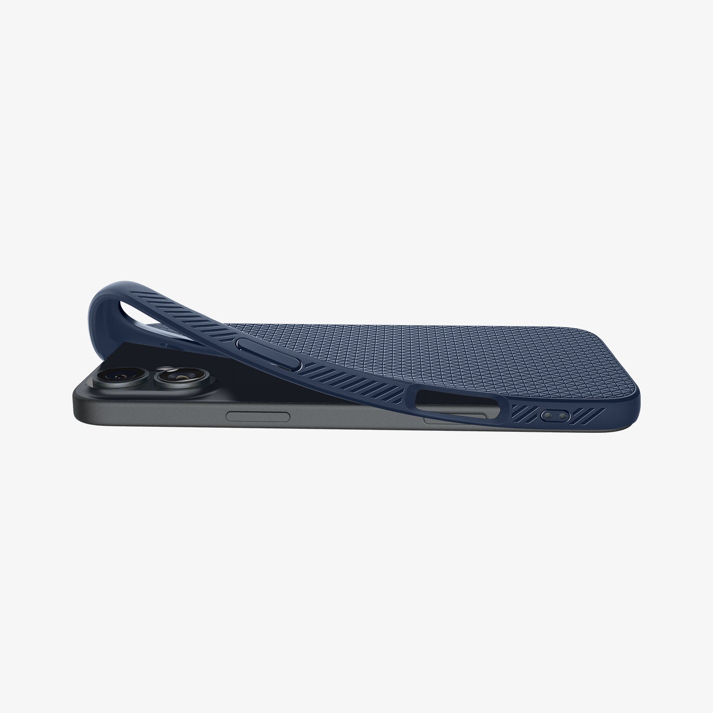 ACS08195 - iPhone 16 Case Liquid Air in Navy Blue showing the back, partially peeled off from the device on a flat surface