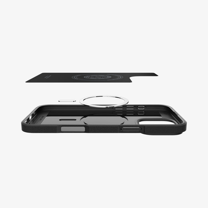 ACS08158 - iPhone 16 Pro Case Core Armor (MagFit) in Matte Black showing the detached soft inner layer hovering above the metal ring plate and the case