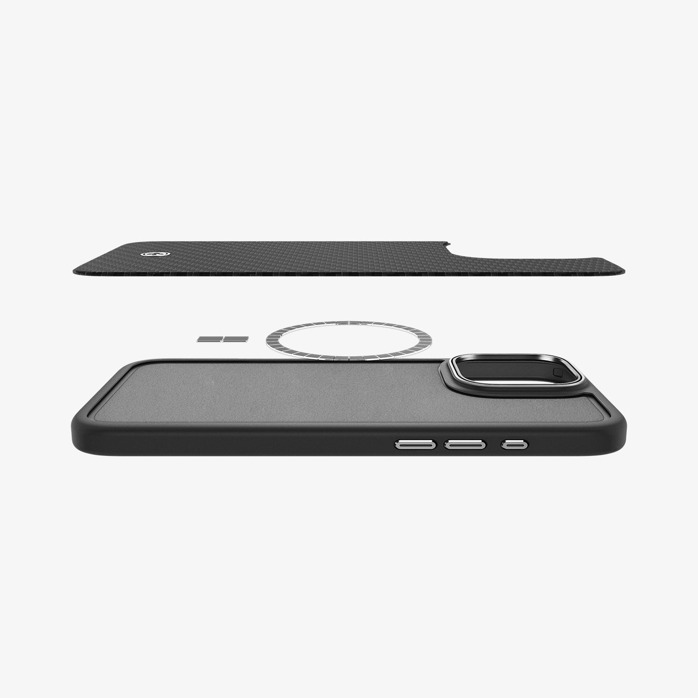 ACS08017 - iPhone 16 Pro Max Case Enzo Aramid in Black Silver showing the back layer of the case hovering above the detached metal ring plate and the back of the phone case