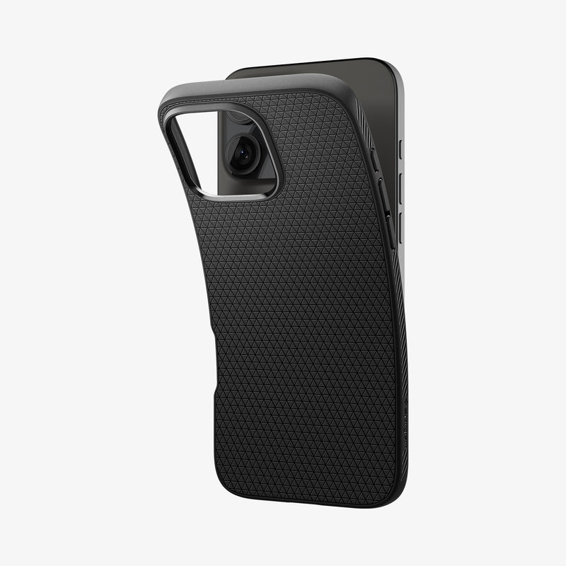 ACS08117 - iPhone 16 Pro Case Liquid Air in Matte Black showing the back, partially peeled off from the device