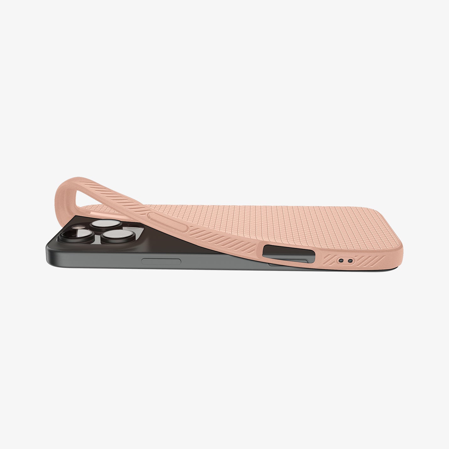 ACS08687 - iPhone 16 Pro Max Case Liquid Air in Rose Titanium showing the back, partially peeled off from the device on a flat surface