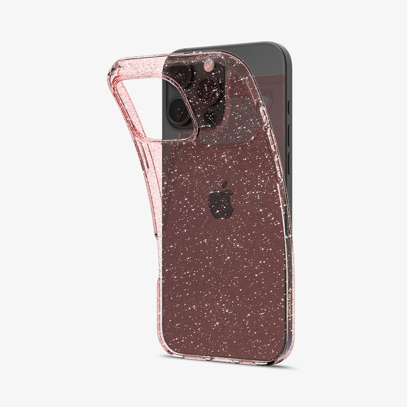 ACS08114 - iPhone 16 Pro Case Liquid Crystal Glitter in Rose Quartz showing the back, partially peeled off from the device