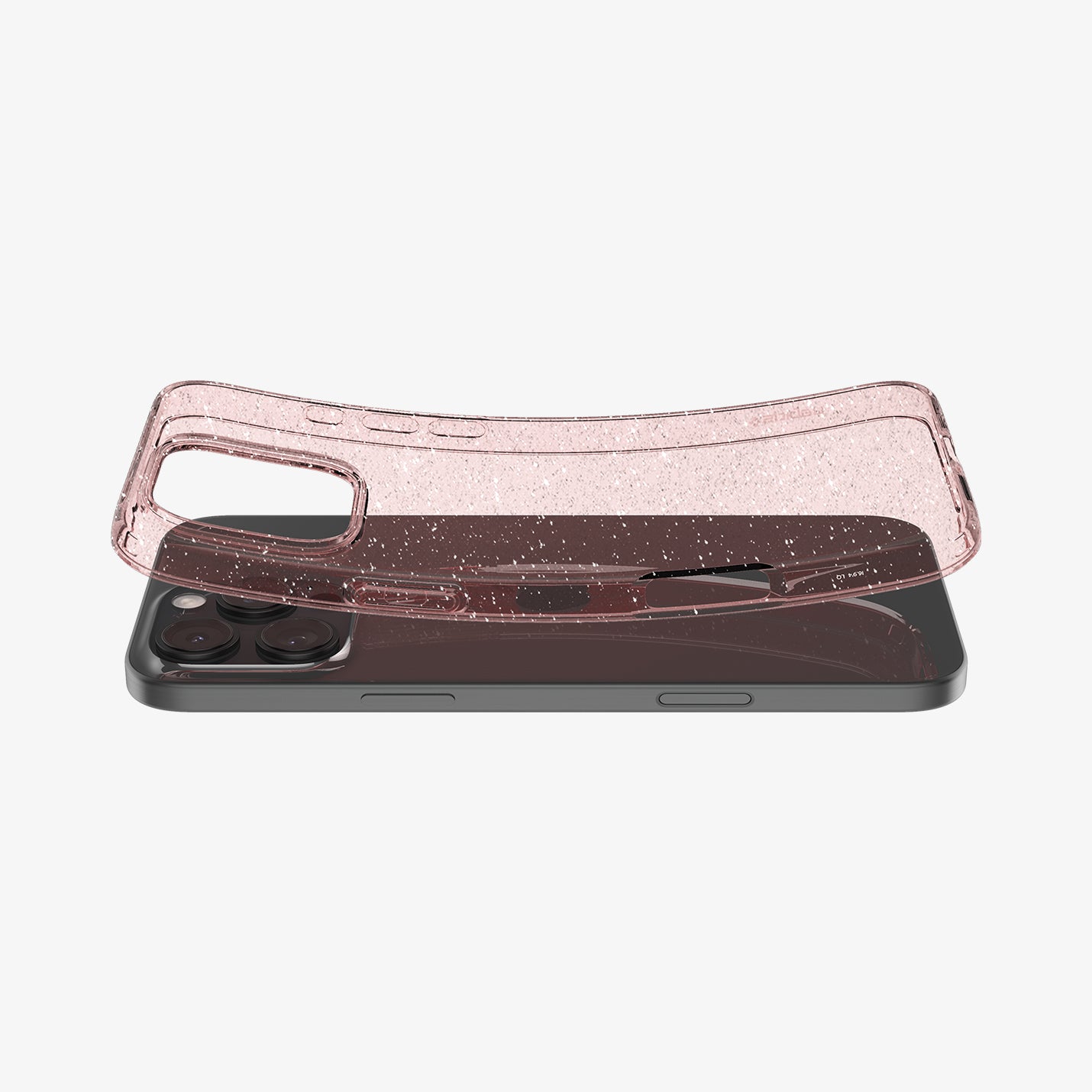 ACS08114 - iPhone 16 Pro Case Liquid Crystal Glitter in Rose Quartz showing the back, hovering above the device slightly lifted both ends of top and bottom of the case