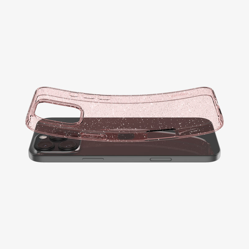 ACS08114 - iPhone 16 Pro Case Liquid Crystal Glitter in Rose Quartz showing the back, hovering above the device slightly lifted both ends of top and bottom of the case