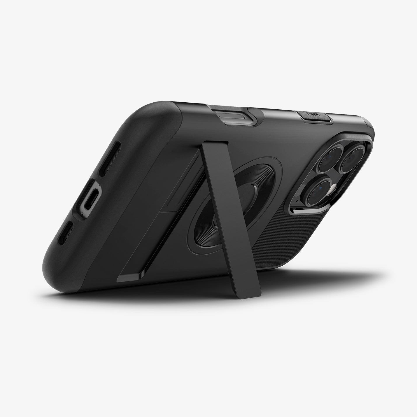 ACS08164 - iPhone 16 Pro Case Slim Armor (MagFit) in Black showing the back, partial side and bottom, propped up with a built-in kickstand